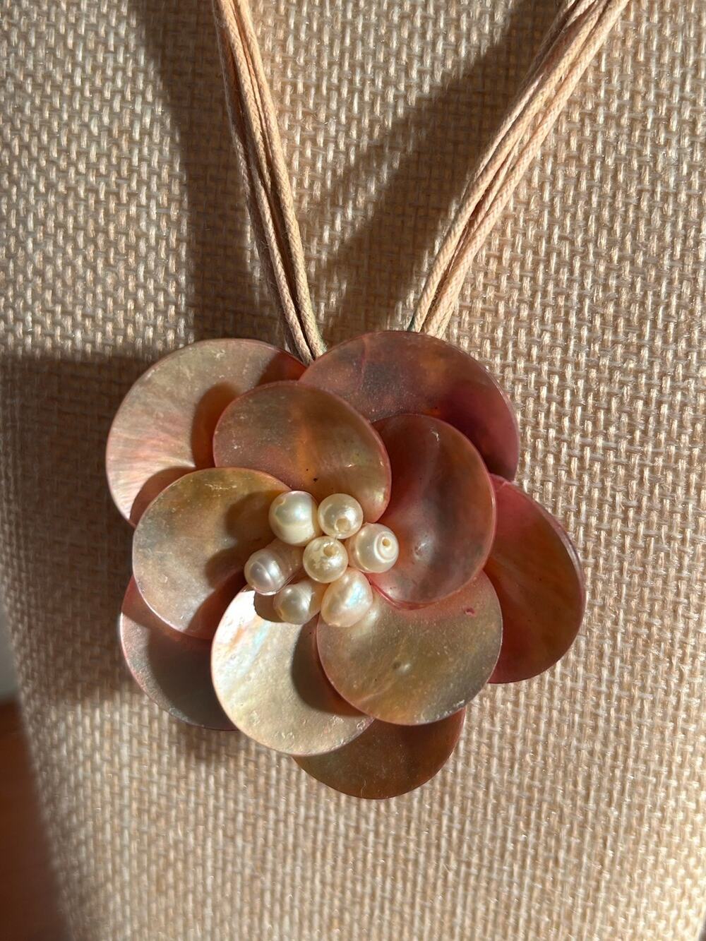 Vintage Pearl & Shell Flower Pendant Necklace 14 Inch Cord Lobster Clasp